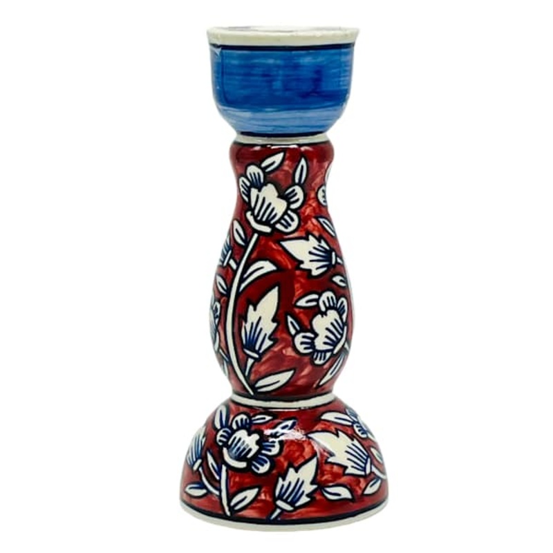 Red & Blue Floral Taper Candle Holder, 8″