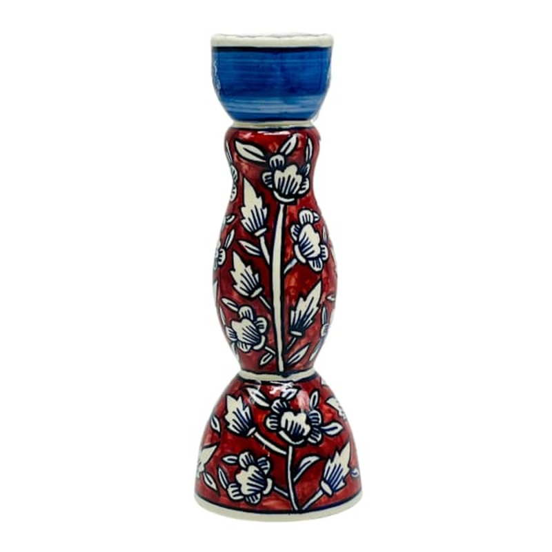 Red & Blue Floral Taper Holder, 10″