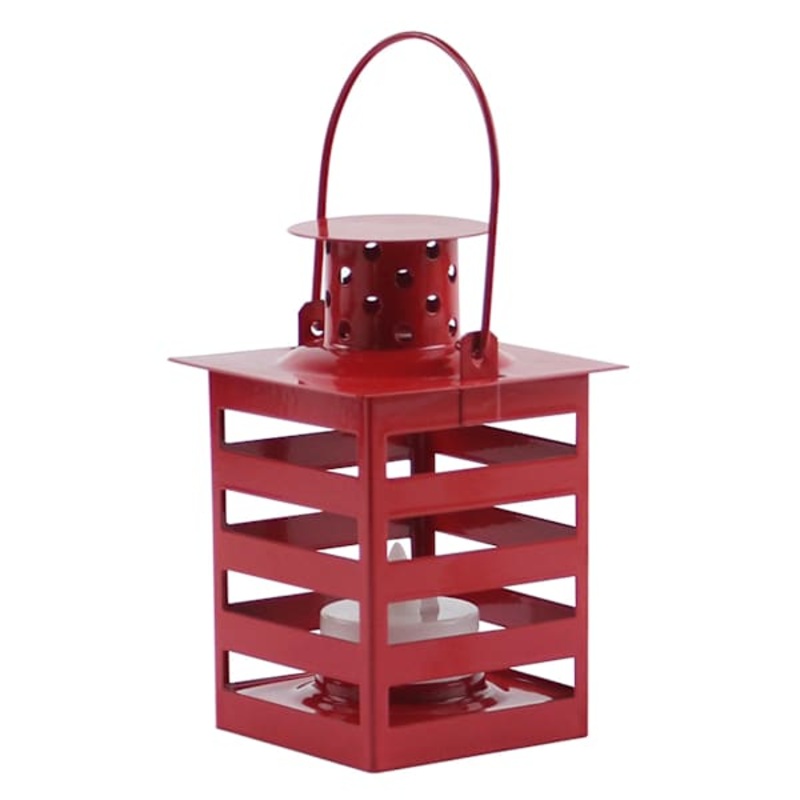 Red Metal Lantern with LED Tealight Candle, 4.5″
