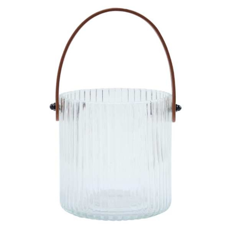 Ribbed Clear Glass Lantern with Brown Leather Handle, 5″