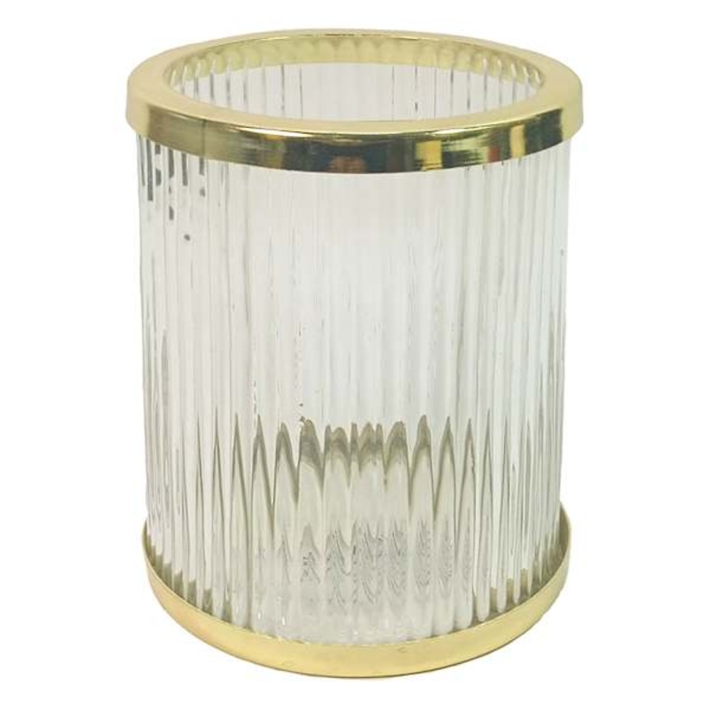 Ribbed Glass Hurricane with Gold Rim, 5″