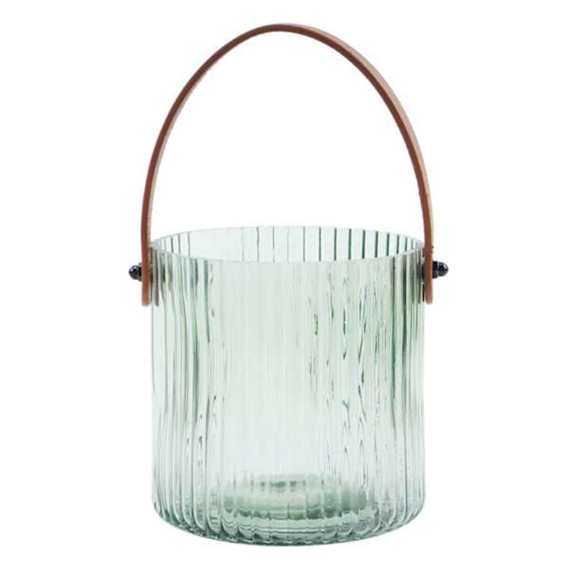 Ribbed Green Glass Lantern with Brown Leather Handle, 5″