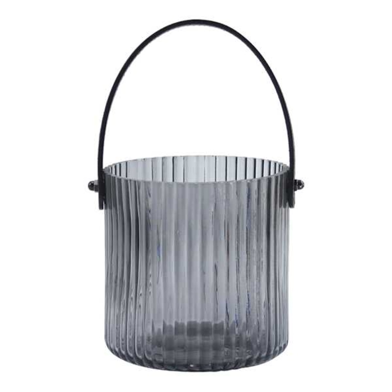 Smoke Ribbed Glass Lantern with Black Leather Handle, 4.7″