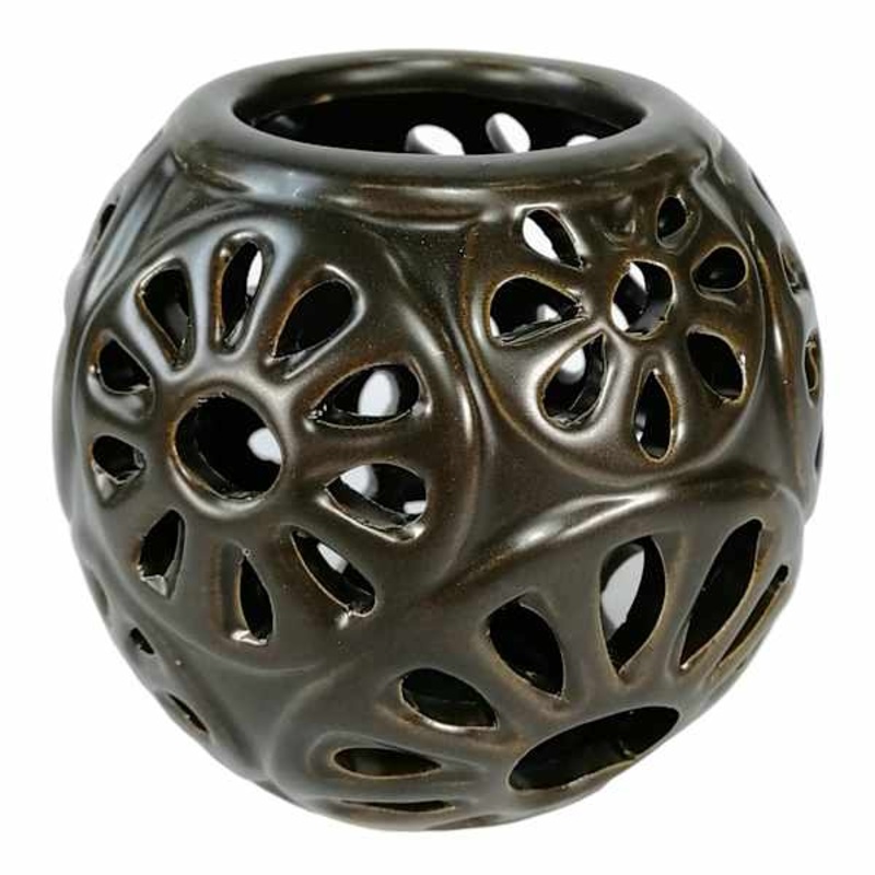 Tracey Boyd Brown Floral Cutout Ceramic Votive Holder, 4″