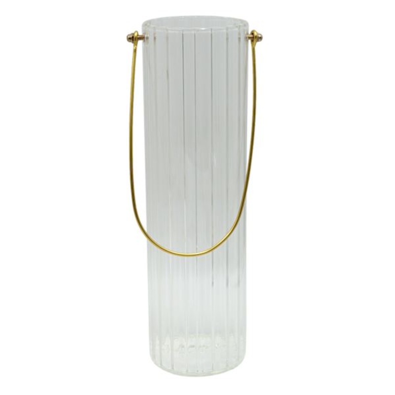 Tracey Boyd Clear Ribbed Glass Hurricane Candle Holder with Handle, 12″