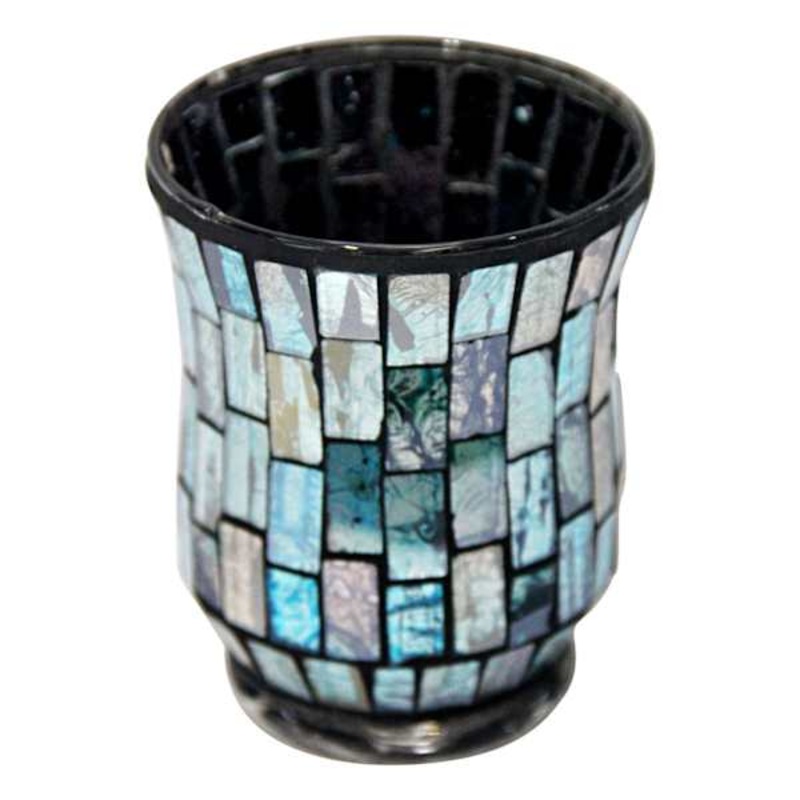 Turquoise Blue Tiled Mosaic Votive Holder, 4″