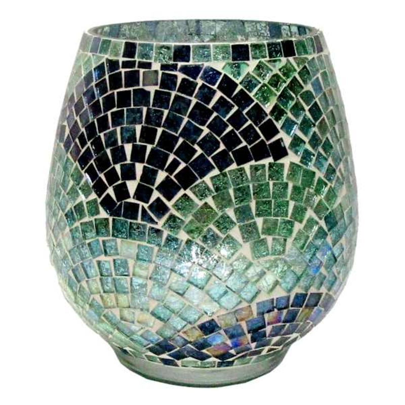 Ty Pennington Blue Mosaic Patterned Glass Hurricane, 6.5″