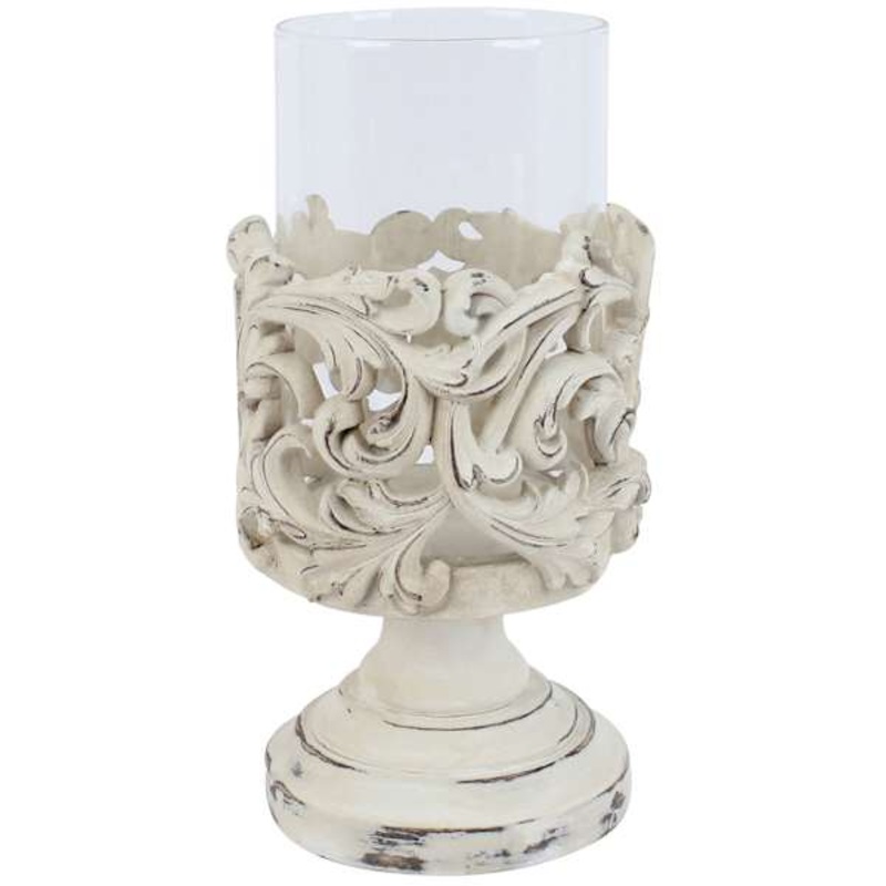 White Carved Candle Holder, 9″