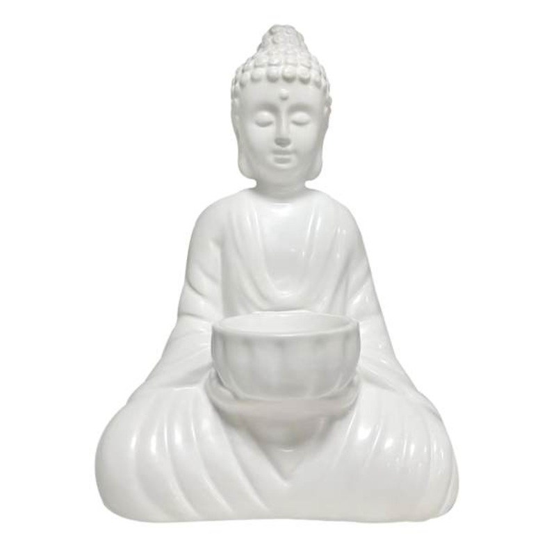 White Ceramic Buddha Candle Holder, 6.5″