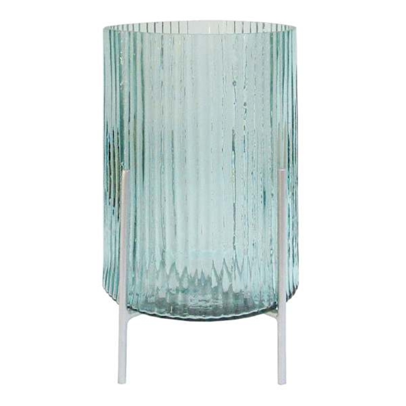 Blue Ribbed Glass Hurricane with Stand, 10″