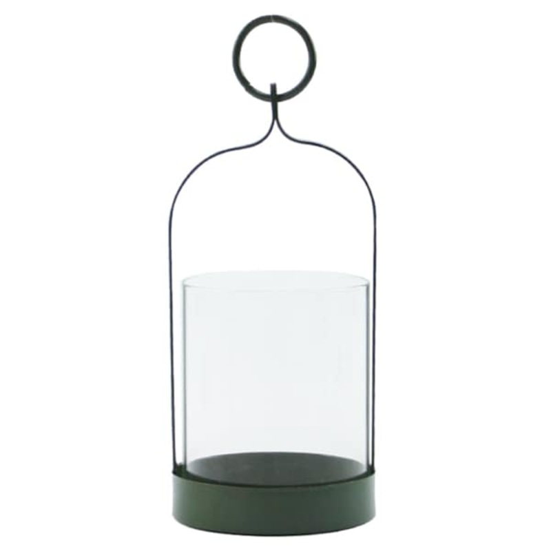 Green Metal & Glass Lantern with Ring Handle, 8″