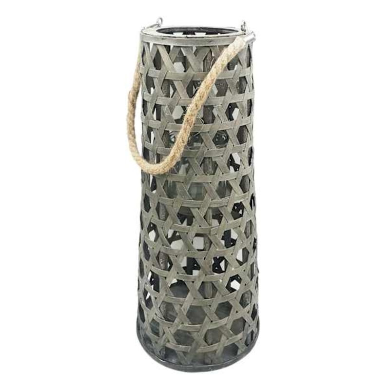 Grey Wood Cutout Lantern with Rope Handle, 20″