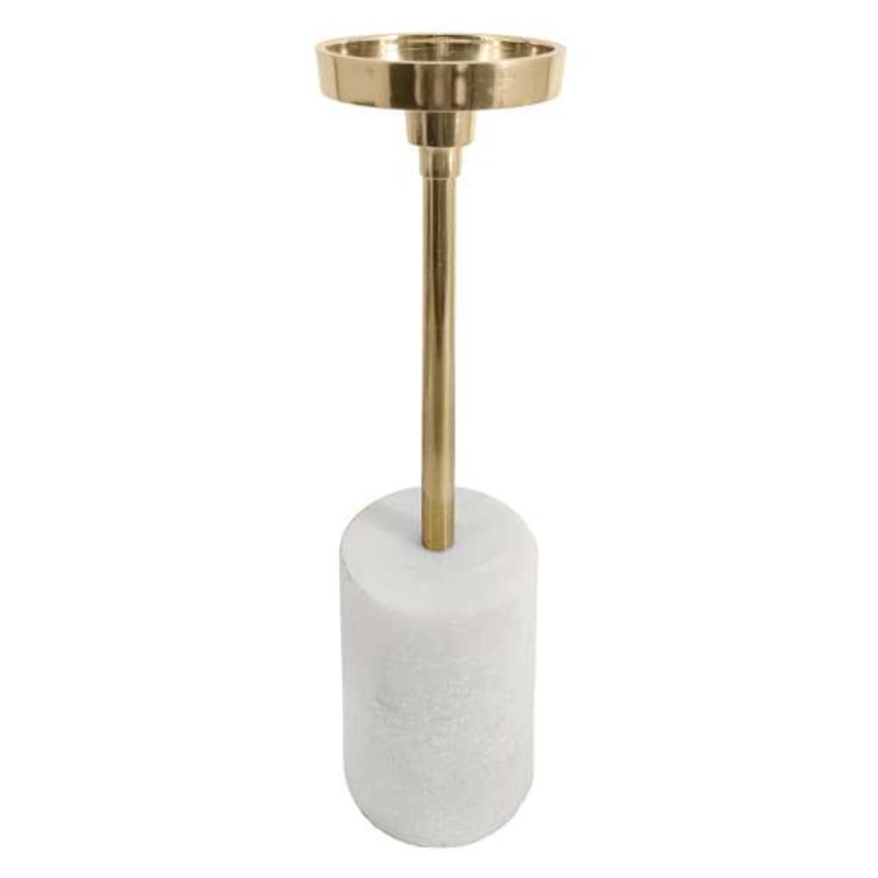Long Stem Gold Pillar Candle Holder With Marble Cylinder Base, 12.5″