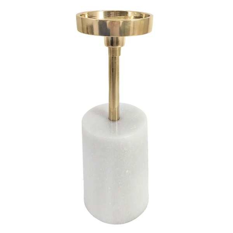 Long Stem Gold Pillar Candle Holder With Marble Cylinder Base, 9.5″