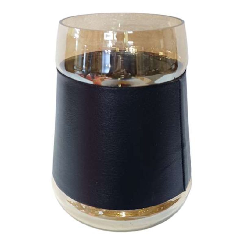 Crosby St. Amber Glass with Leather Band Hurricane Candle Holder, 9″