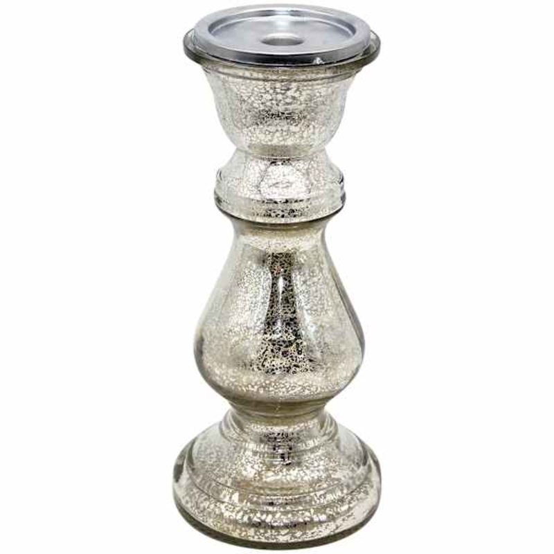 Distressed Mercury Glass Pillar Candle Holder, 12″