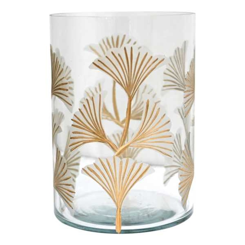 Etched Gingko Leaf Glass Candle Holder, 5″