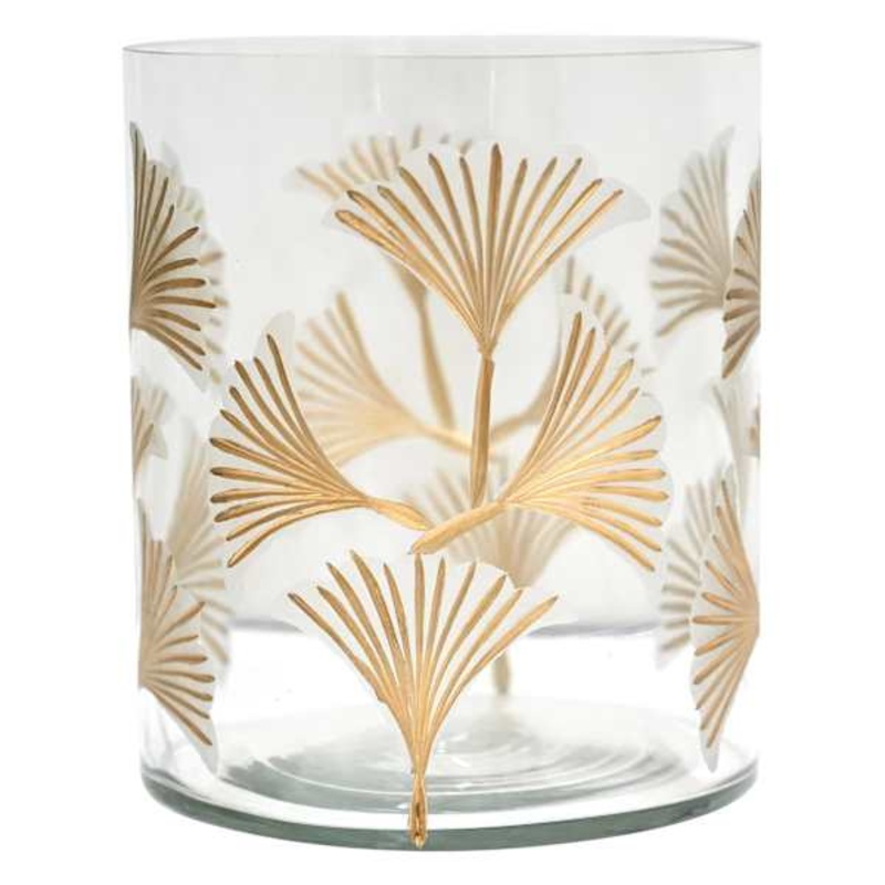 Etched Gingko Leaf Glass Hurricane Candle Holder, 7″