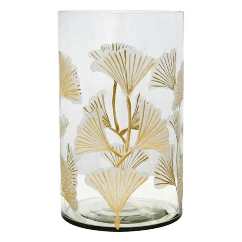 Etched Ginkgo Leaf Glass Hurricane Candle Holder, 10″
