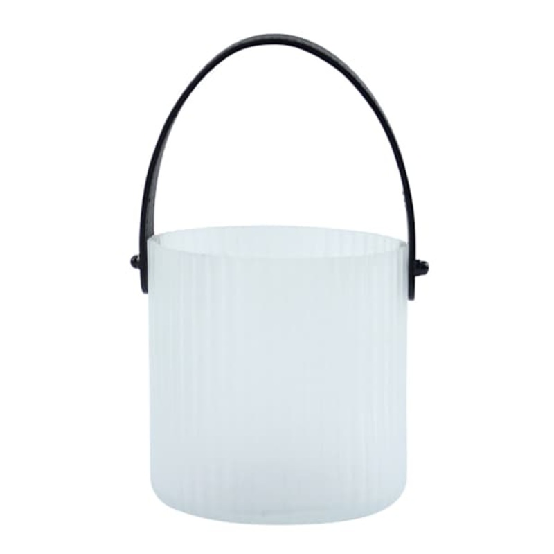 Frosted Ribbed Glass Lantern with Black Leather Handle, 4.7″