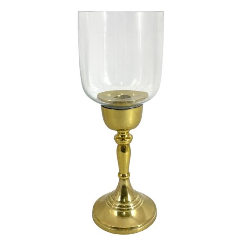 Glass Hurricane with Gold Stem Candle Holder, 10″