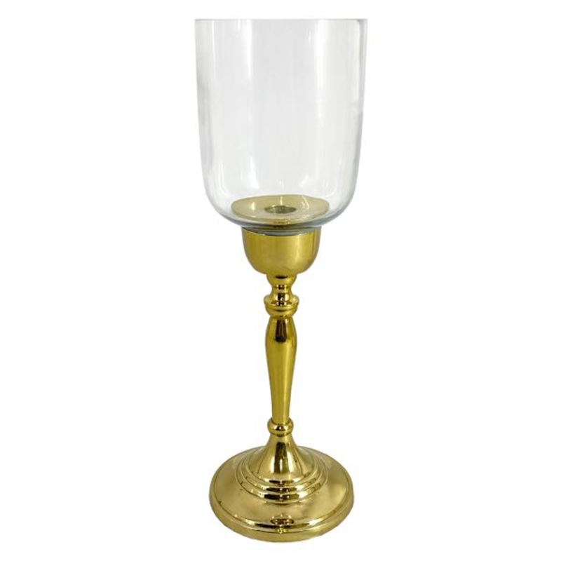 Glass Hurricane with Gold Stem Candle Holder, 13″