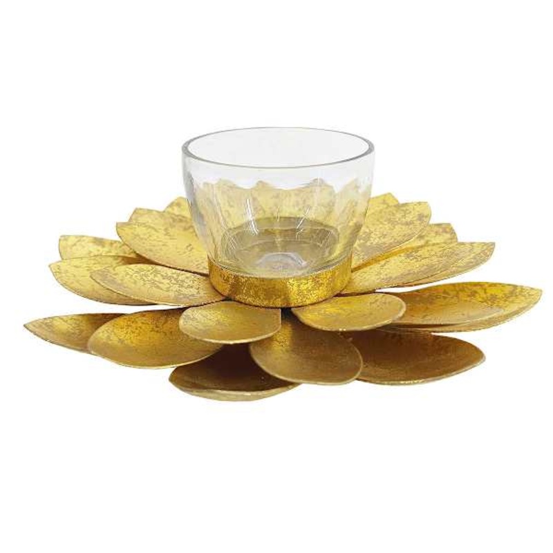 Gold Lotus Tealight Candle Holder, 7.5″