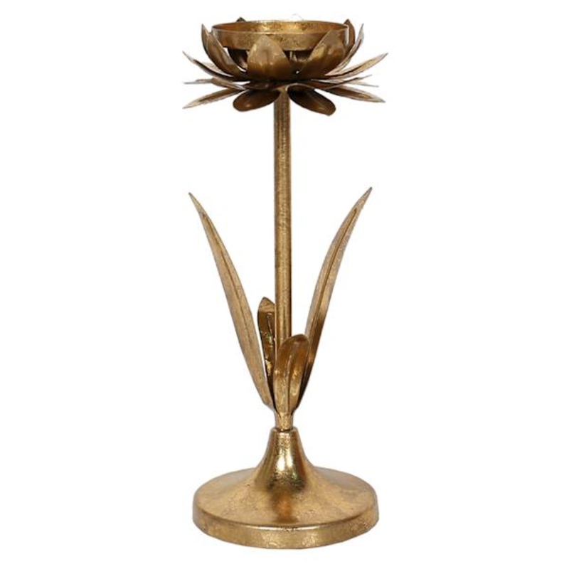 Gold Metal Flower Pillar Candle Holder, 10″