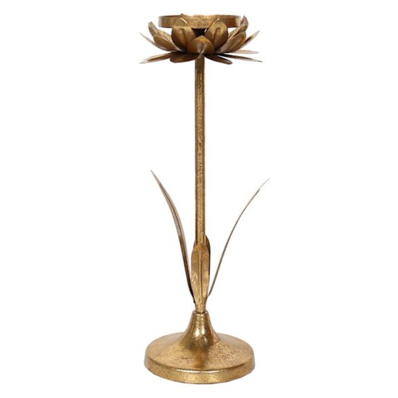 Gold Metal Flower Pillar Candle Holder, 14″