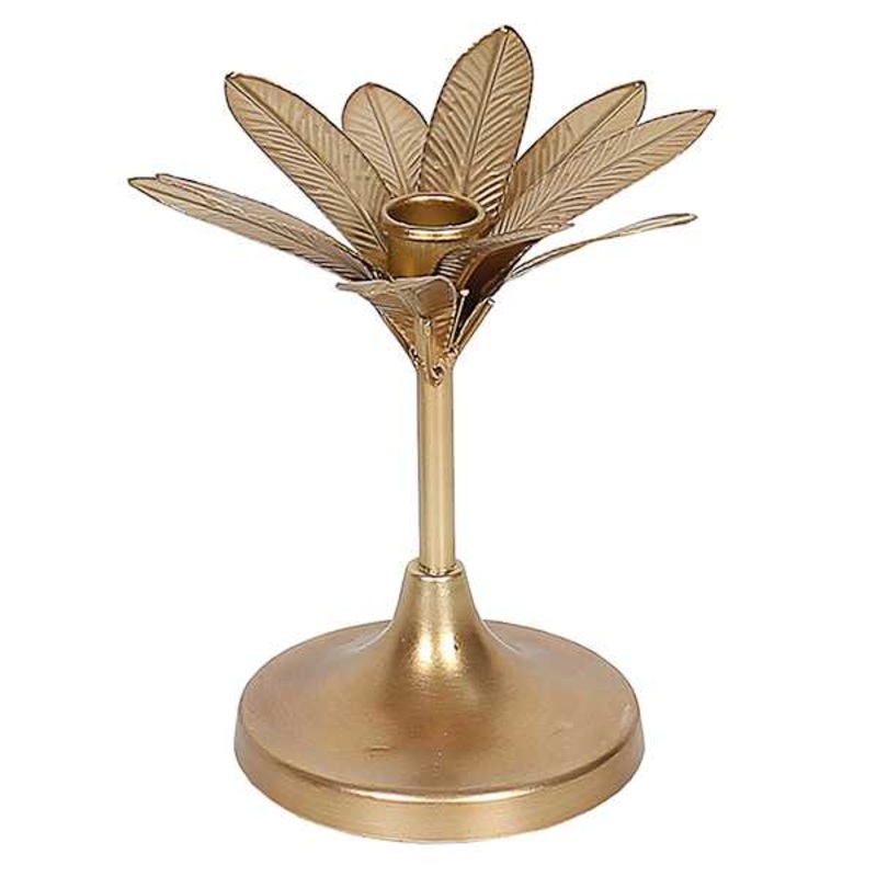 Gold Metal Leaf Taper Candle Holder, 10″