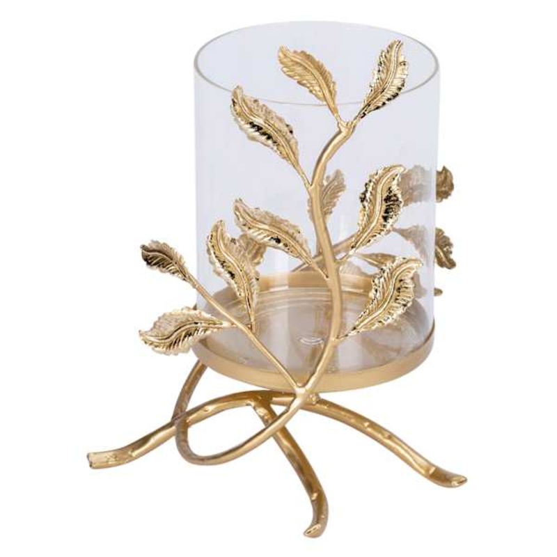 Gold Metal Leaves & Glass Candle Holder, 10″