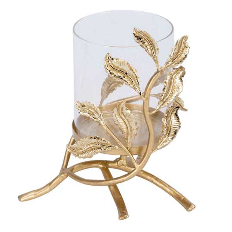 Gold Metal Leaves & Glass Candle Holder, 8″