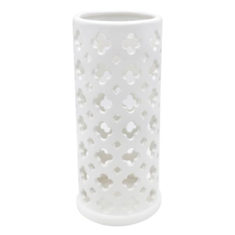 White Ceramic Cutout Cylinder Candle Holder, 9″
