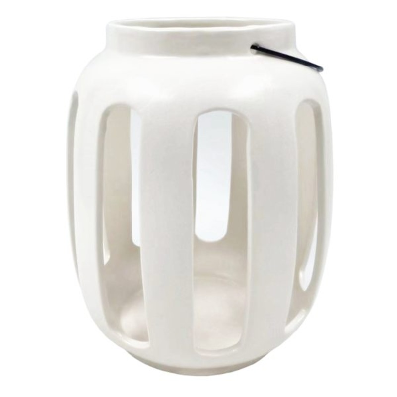 White Cutout Ceramic Lantern, 8″