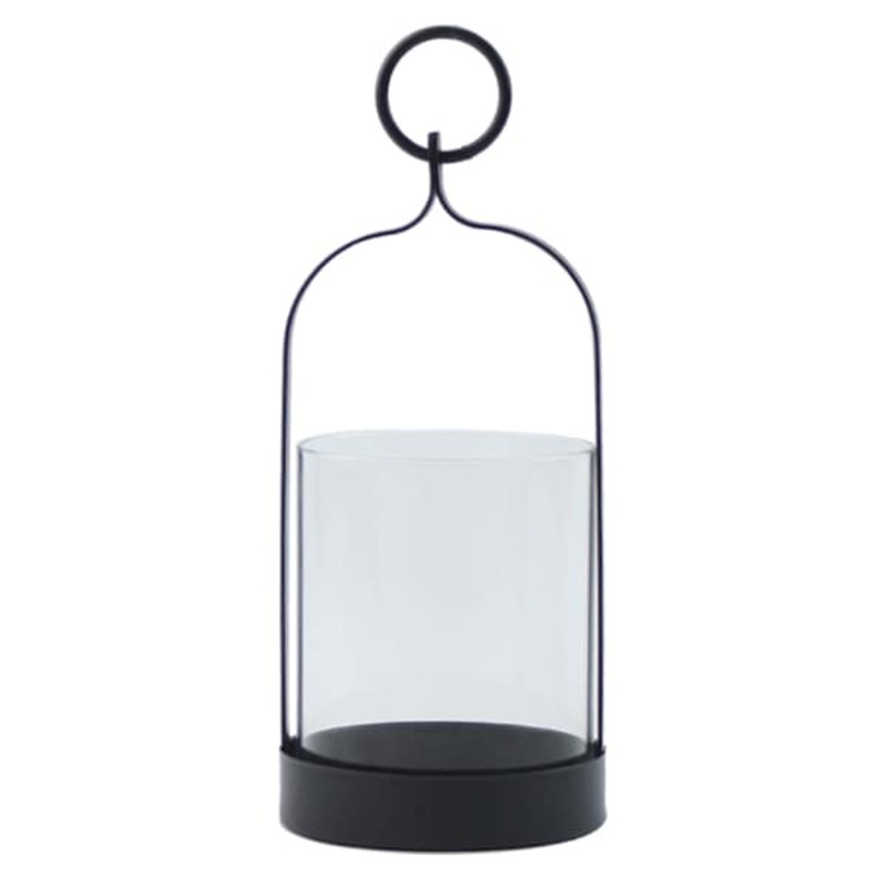 Black Metal Glass Lantern with Ring Handle, 8″