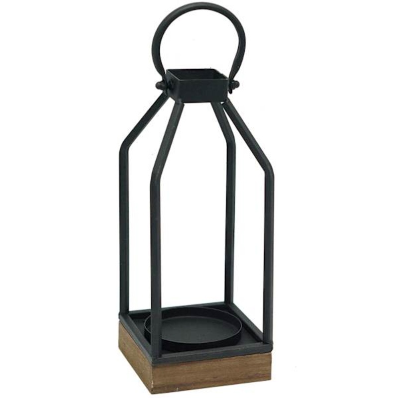 Black Metal Lantern with Wood Base, 10″