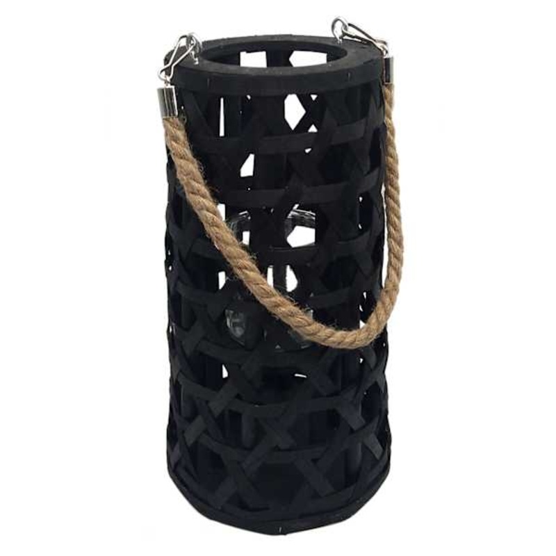 Black Wood Cutout Lantern with Rope Handle, 12″