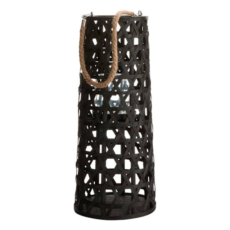 Black Wood Cutout Lantern with Rope Handle, 20″