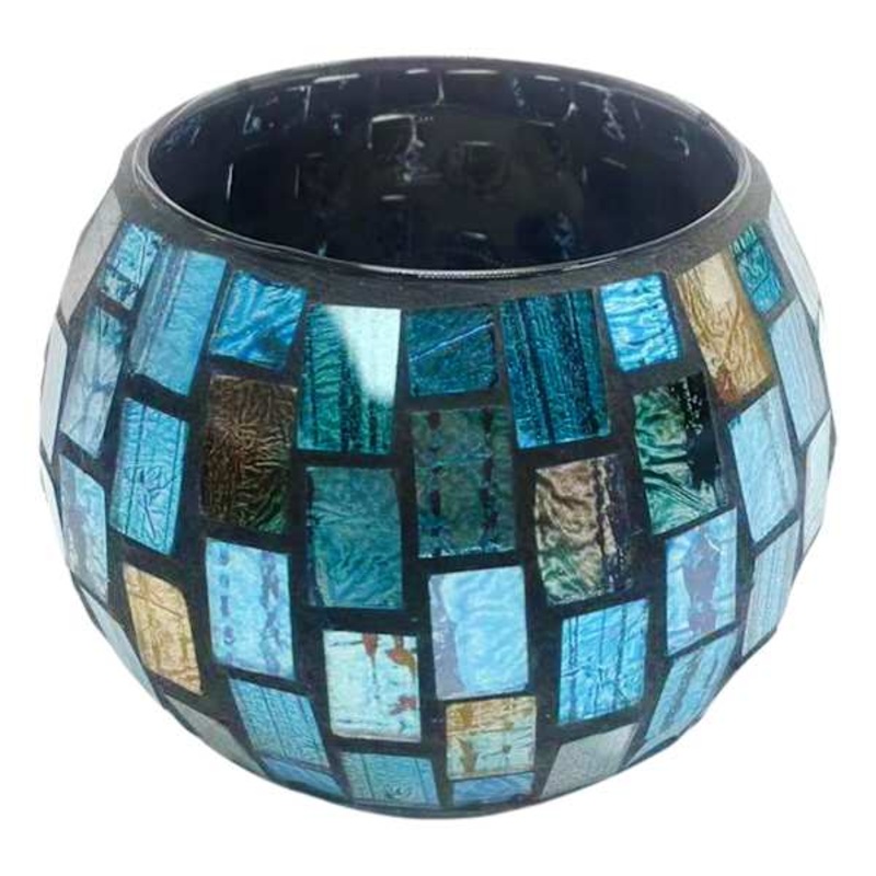 Blue & Amber Brown Mosaic Glass Votive Candle Holder, 3″