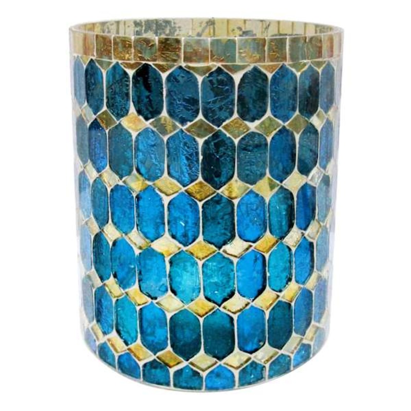 Blue & Gold Mosaic Hurricane Candle Holder, 5.7″