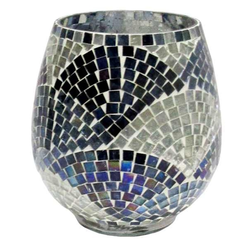Blue & Grey Mosaic Hurricane Candle Holder, 6.2″