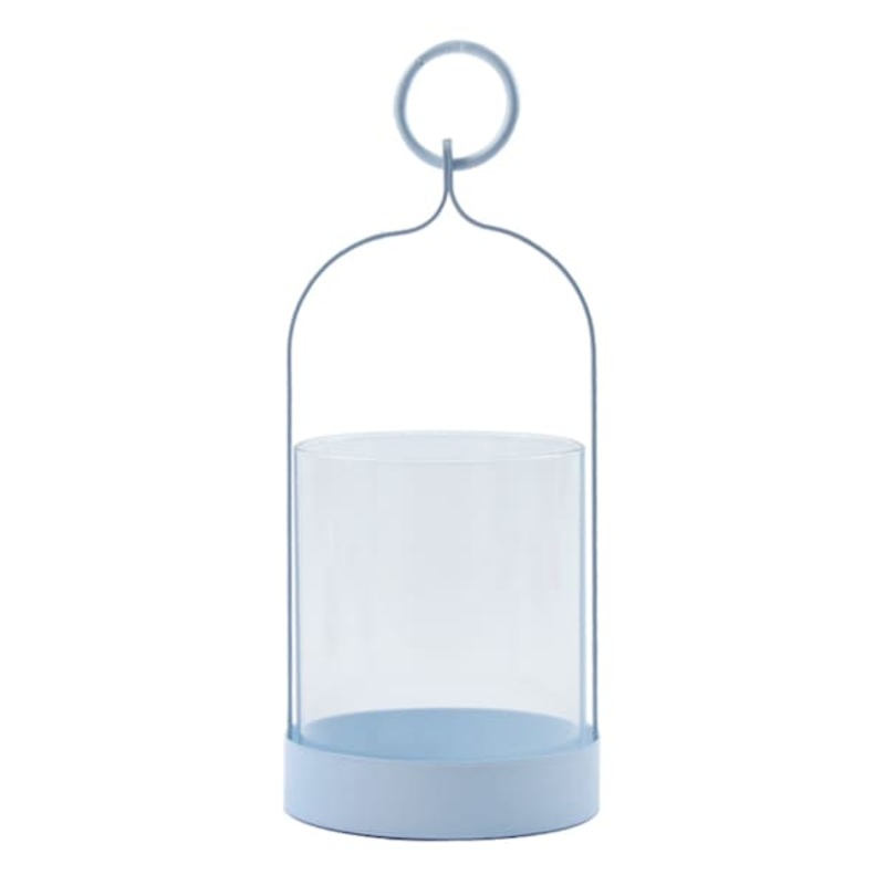 Blue Metal & Glass Lantern with Ring Handle, 8″