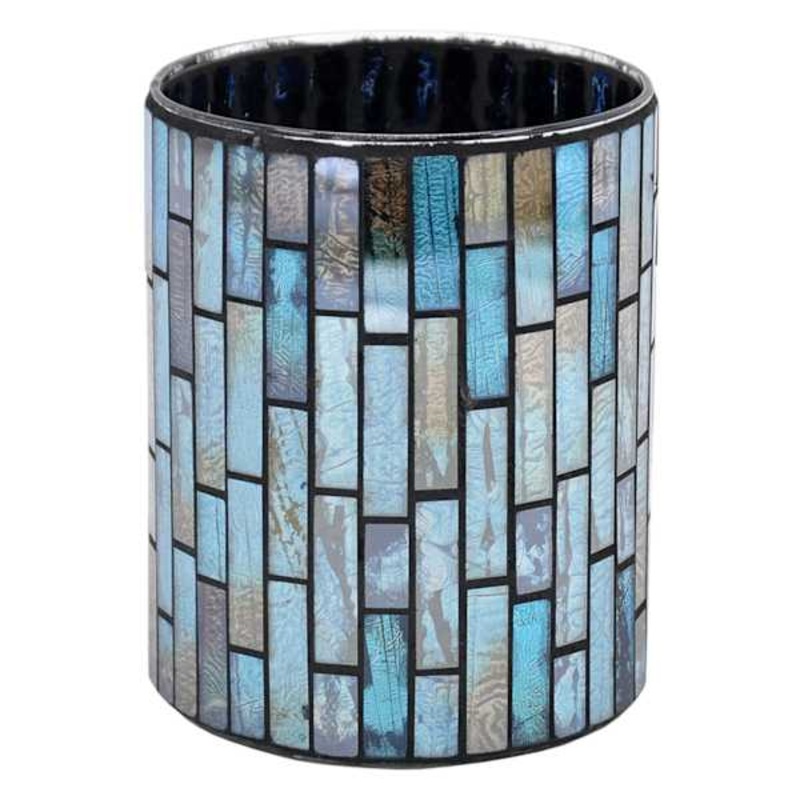 Blue Mosaic Glass Candle Holder, 6″