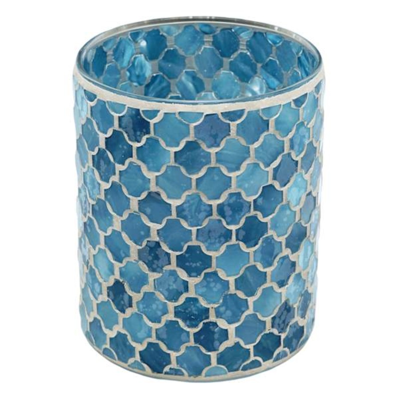 Blue Mosaic Glass Cylinder Candle Holder, 6″