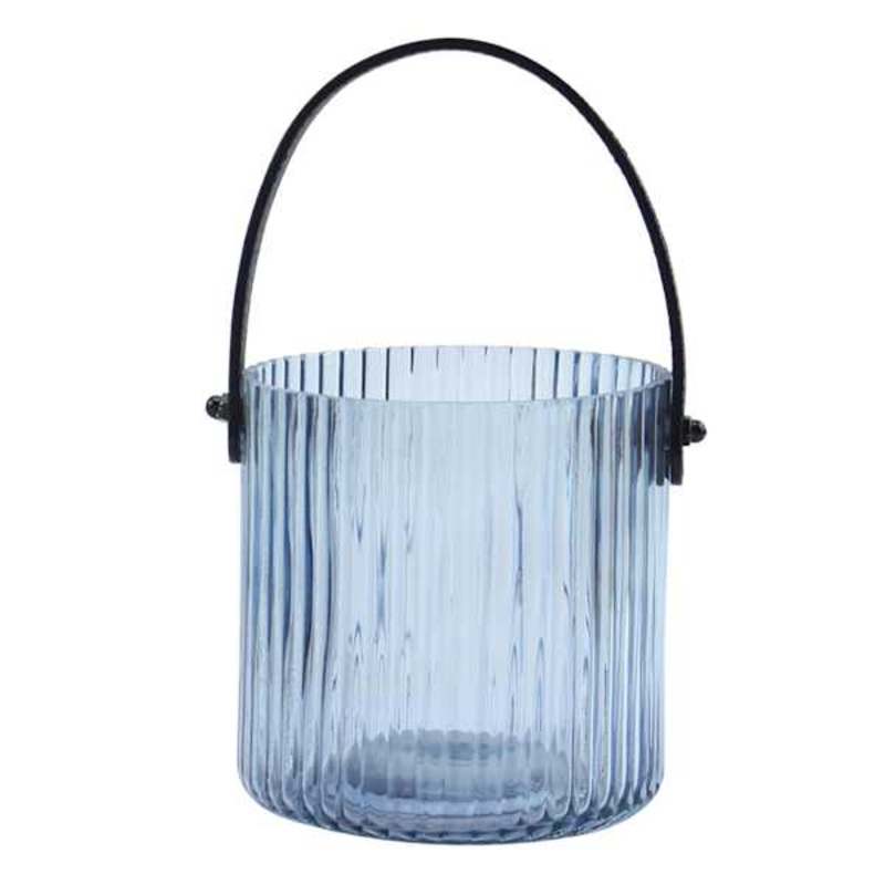 Blue Ribbed Glass Lantern with Black Leather Handle, 4.7″