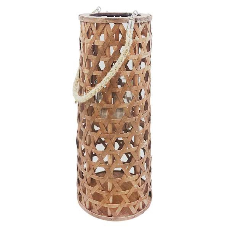 Brown Wood Cutout Lantern with Rope Handle, 20″