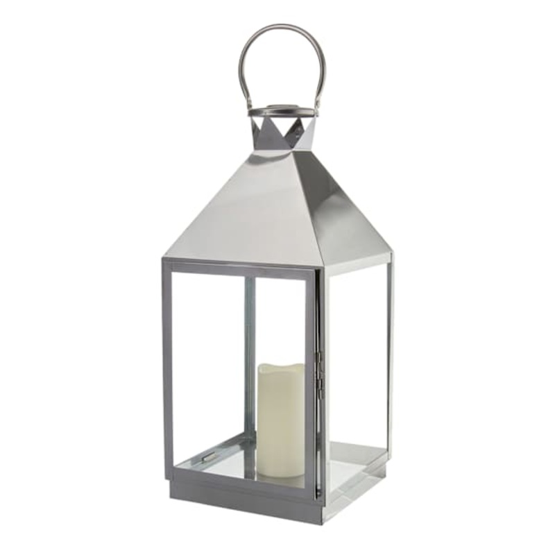 Chrome Lantern with LED Candle, 21″