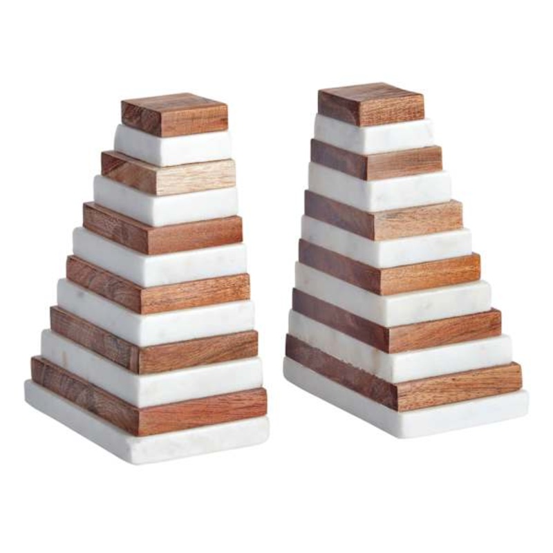 2-Piece Stacked Marble & Wood Bookends Set, 5″