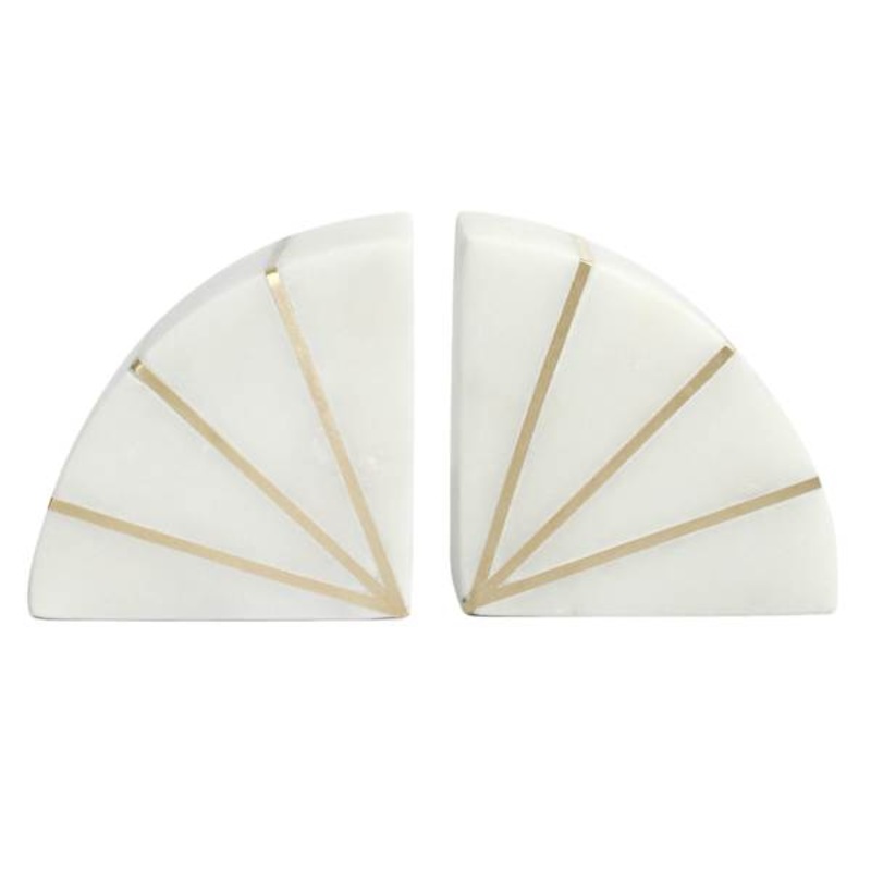 2-Piece White & Gold Marbled Semicircle Bookends Set, 4″