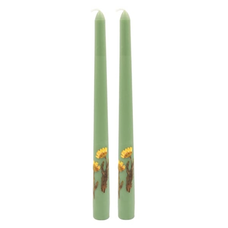 2-Pack Yellow Dried Flower Embedded Green Taper Candles, 10″